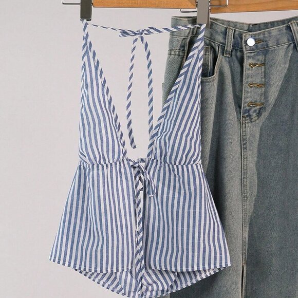 Blue white Casual Women's Striped Halter Neck Tie Cami Top - Picture 1 of 8